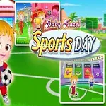 Niños en ropa deportiva con un balón de fútbol en un campo verde, junto a un título colorido que dice Sports Day