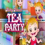 Niña rubia sonriente con amigos en una fiesta de té