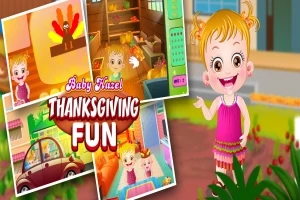 Niña rubia sonriente en un vestido rosa, rodeada de imágenes pequeñas con actividades y un título que dice Thanksgiving Fun