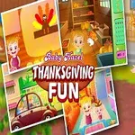 Niña rubia sonriente en un vestido rosa, rodeada de imágenes pequeñas con actividades y un título que dice Thanksgiving Fun