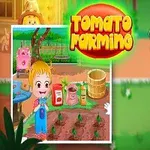Niña sonriente con un pollo en brazos, con un cartel que dice Tomato Farming sobre un fondo agrícola