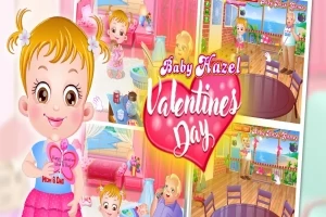Niña rubia con coletas sonríe mientras sostiene un regalo rosado, rodeada de escenas coloridas con temática de San Valentín en un ambiente hogareño
