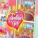 Niña rubia con coletas sonríe mientras sostiene un regalo rosado, rodeada de escenas coloridas con temática de San Valentín en un ambiente hogareño