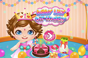 Niña con corona celebrando su cumpleaños con pastel, globos y regalos en un ambiente festivo