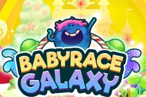 Un personaje azul sonriente con cabello rosa sobre un fondo colorido y brillante con el texto Baby Race Galaxy