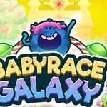 Un personaje azul sonriente con cabello rosa sobre un fondo colorido y brillante con el texto Baby Race Galaxy