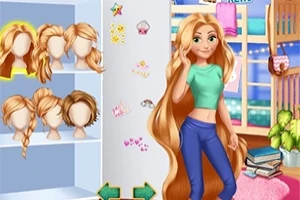 Joven con cabello largo y suelto en una habitación colorida, al lado de una estantería con diferentes estilos de pelucas