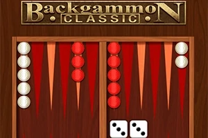 Tablero de backgammon con fichas rojas y blancas y dos dados mostrando un tres