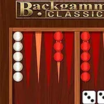 Tablero de backgammon con fichas rojas y blancas y dos dados mostrando un tres