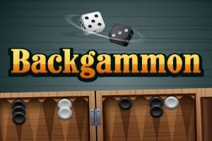 Dados blancos y negros flotando sobre el título Backgammon con un tablero de juego de fondo