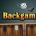 Dados blancos y negros flotando sobre el título Backgammon con un tablero de juego de fondo