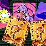 Cinco tarjetas de arte colorido con dibujos de criaturas caricaturescas y dos tarjetas con signos de interrogación, sobre un fondo de patrón de ladrillos oscuros