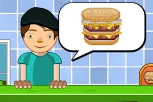 Personaje animado en una tienda de hamburguesas con un globo de diálogo mostrando una hamburguesa con varios ingredientes