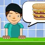 Personaje animado en una tienda de hamburguesas con un globo de diálogo mostrando una hamburguesa con varios ingredientes