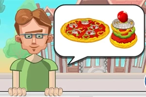 Hombre de dibujos animados con gafas junto a un bocadillo de diálogo que muestra una pizza y una hamburguesa en un entorno al aire libre