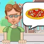 Hombre de dibujos animados con gafas junto a un bocadillo de diálogo que muestra una pizza y una hamburguesa en un entorno al aire libre
