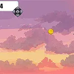Cielo colorido al atardecer con monedas doradas y obstáculos voladores, además de un balón de fútbol en la parte inferior izquierda