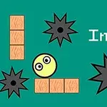 Un fondo verde presenta un diseño con una bola amarilla, ladrillos naranjas y estrellas negras puntiagudas junto al texto Ball Impact