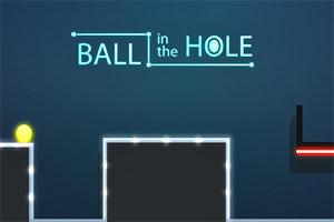 Esfera amarilla iluminada en una plataforma con el texto BALL in the HOLE sobre un fondo azul oscuro