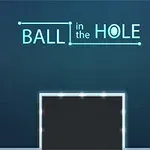 Esfera amarilla iluminada en una plataforma con el texto BALL in the HOLE sobre un fondo azul oscuro