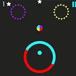Círculos y engranajes de colores sobre un fondo negro con un pequeño círculo multicolor central