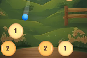 Bola azul cayendo sobre esferas numeradas en un paisaje verde con una cerca de madera