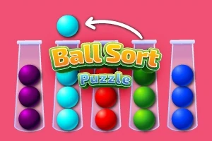 Cinco tubos transparentes con esferas de colores y un texto que dice Ball Sort Puzzle sobre un fondo rosa