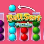 Cinco tubos transparentes con esferas de colores y un texto que dice Ball Sort Puzzle sobre un fondo rosa