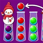 Un fondo morado con tubos llenos de esferas de colores, un muñeco de nieve a la izquierda y Santa Claus a punto de colocar una esfera roja