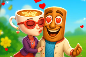 Una taza de café antropomórfica con gafas y un personaje de madera con ojos en forma de corazón, rodeados de corazones y un fondo colorido de jardín