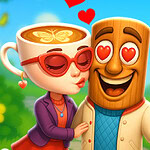 Una taza de café antropomórfica con gafas y un personaje de madera con ojos en forma de corazón, rodeados de corazones y un fondo colorido de jardín