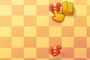 Fondo de tablero ajedrezado en tonos amarillos y naranjas con una mano animada señalando un botón dorado y dos flechas rojas