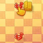 Fondo de tablero ajedrezado en tonos amarillos y naranjas con una mano animada señalando un botón dorado y dos flechas rojas