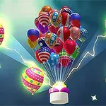 Un conjunto de globos coloridos con banderas y patrones, iluminados sobre un fondo oscuro, con una mano animada señalando un botón