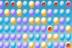 Globos de colores azul, amarillo y morado en filas con algunos íconos de regalo rojo intercalados