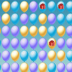 Globos de colores azul, amarillo y morado en filas con algunos íconos de regalo rojo intercalados