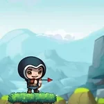 Un personaje con capucha y arco apunta a un globo amarillo sobre una plataforma en un paisaje montañoso