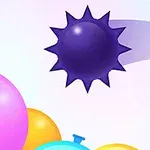Globos de colores flotando con un globo morado oscuro de picos en un fondo claro