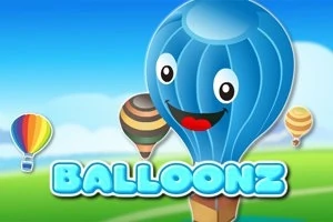 Globo aerostático azul con cara sonriente sobre un paisaje con cielo azul y texto colorido que dice Balloonz