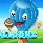Globo aerostático azul con cara sonriente sobre un paisaje con cielo azul y texto colorido que dice Balloonz