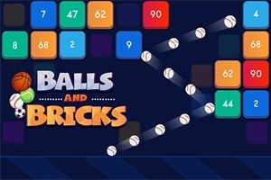 Bloques de colores con números y una trayectoria de pelotas blancas en un fondo oscuro, junto al texto Balls and Bricks