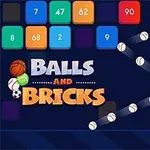 Bloques de colores con números y una trayectoria de pelotas blancas en un fondo oscuro, junto al texto Balls and Bricks