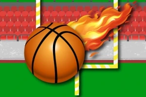 Balón de baloncesto en llamas sobre un campo con gradas de fondo
