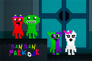 Personajes pixelados de colores brillantes frente a un fondo oscuro con una puerta azul