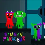 Personajes pixelados de colores brillantes frente a un fondo oscuro con una puerta azul