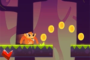 Un personaje animado naranja corre por plataformas recolectando monedas doradas en un entorno de bosque