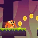 Un personaje animado naranja corre por plataformas recolectando monedas doradas en un entorno de bosque