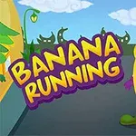 Un plátano animado con guantes y botas sonríe mientras camina por una calle colorida, con el texto Banana Running en el fondo