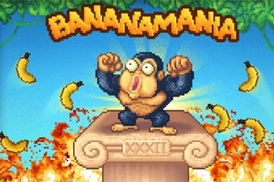 Mono caricaturesco en un pedestal rodeado de plátanos y llamas, bajo el título Bananamania