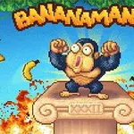 Mono caricaturesco en un pedestal rodeado de plátanos y llamas, bajo el título Bananamania